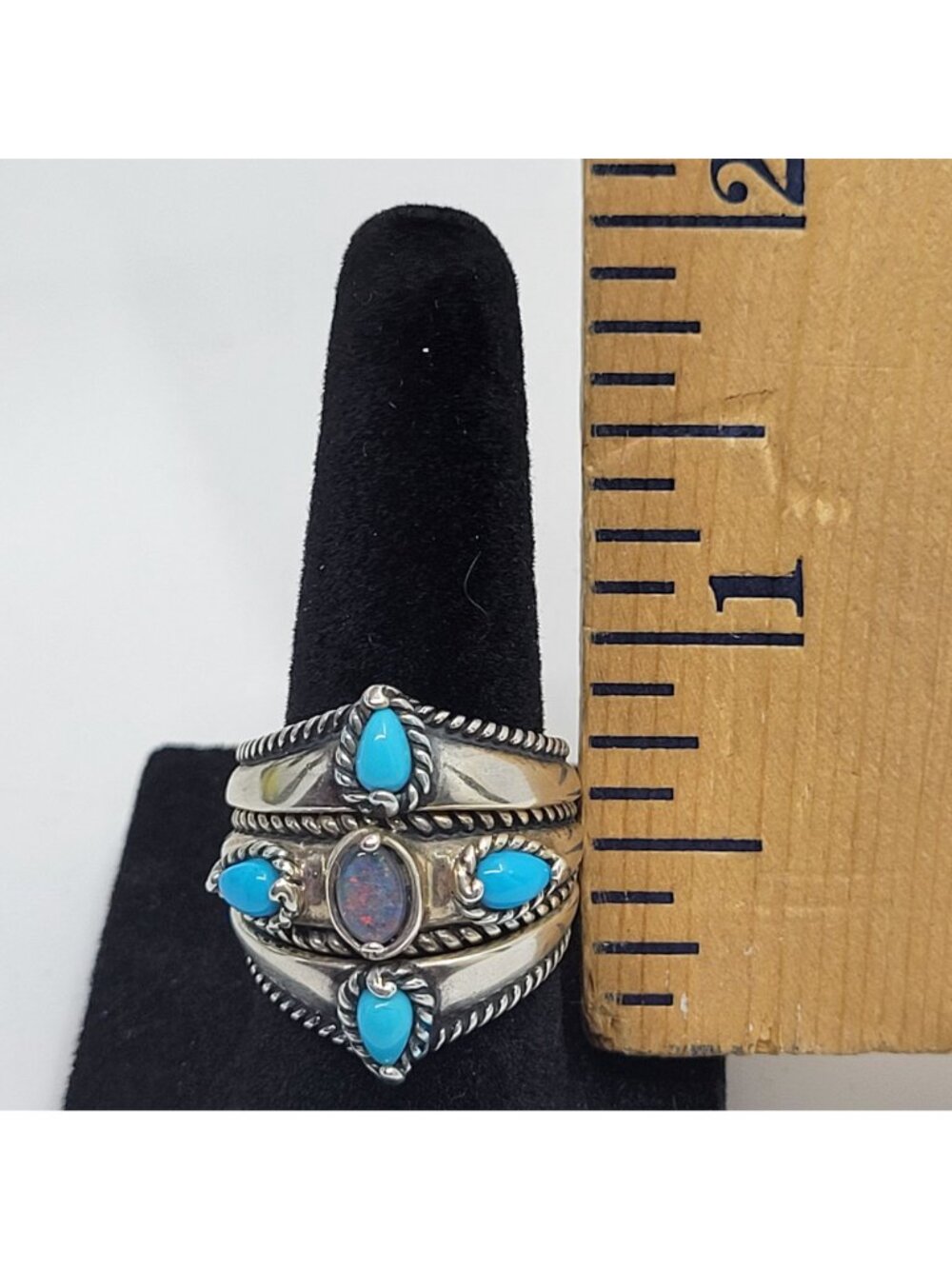 Vintage Sterling Silver Ring Size 7 Turquoise and Opal 925 Estate Jewelry - JW01 - Picture 2 of 7